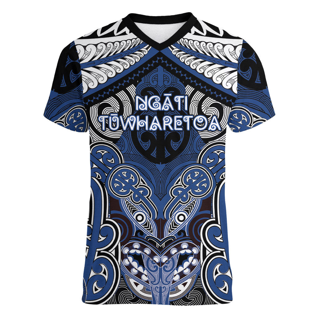 Aotearoa Iwi Ngati Tuwharetoa Personalised Women V-Neck T-Shirt Maori Kowhaiwhai Pattern LT19 Female Blue - Polynesian Pride