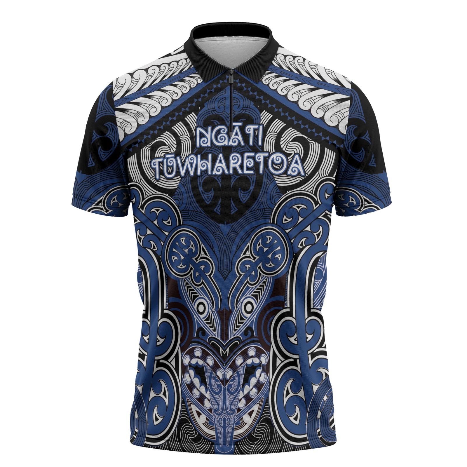 Aotearoa Iwi Ngati Tuwharetoa Personalised Zipper Polo Shirt Maori Kowhaiwhai Pattern LT19 Blue - Polynesian Pride