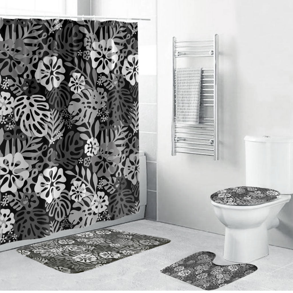 Black Aloha Hawaiian Bathroom Set Monstera Hibiscus Tropical Pattern LT19 Bathroom Set (4 pcs) Black - Polynesian Pride