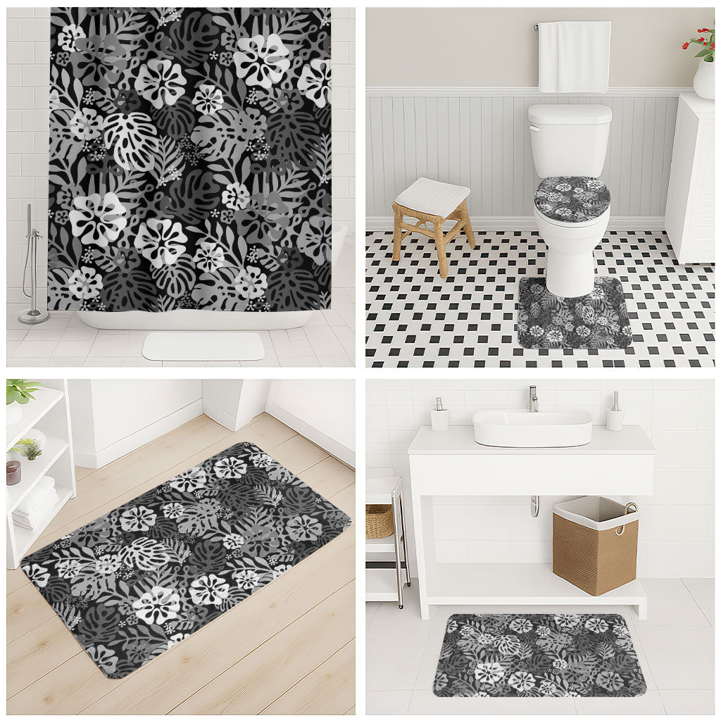 Black Aloha Hawaiian Bathroom Set Monstera Hibiscus Tropical Pattern LT19 - Polynesian Pride