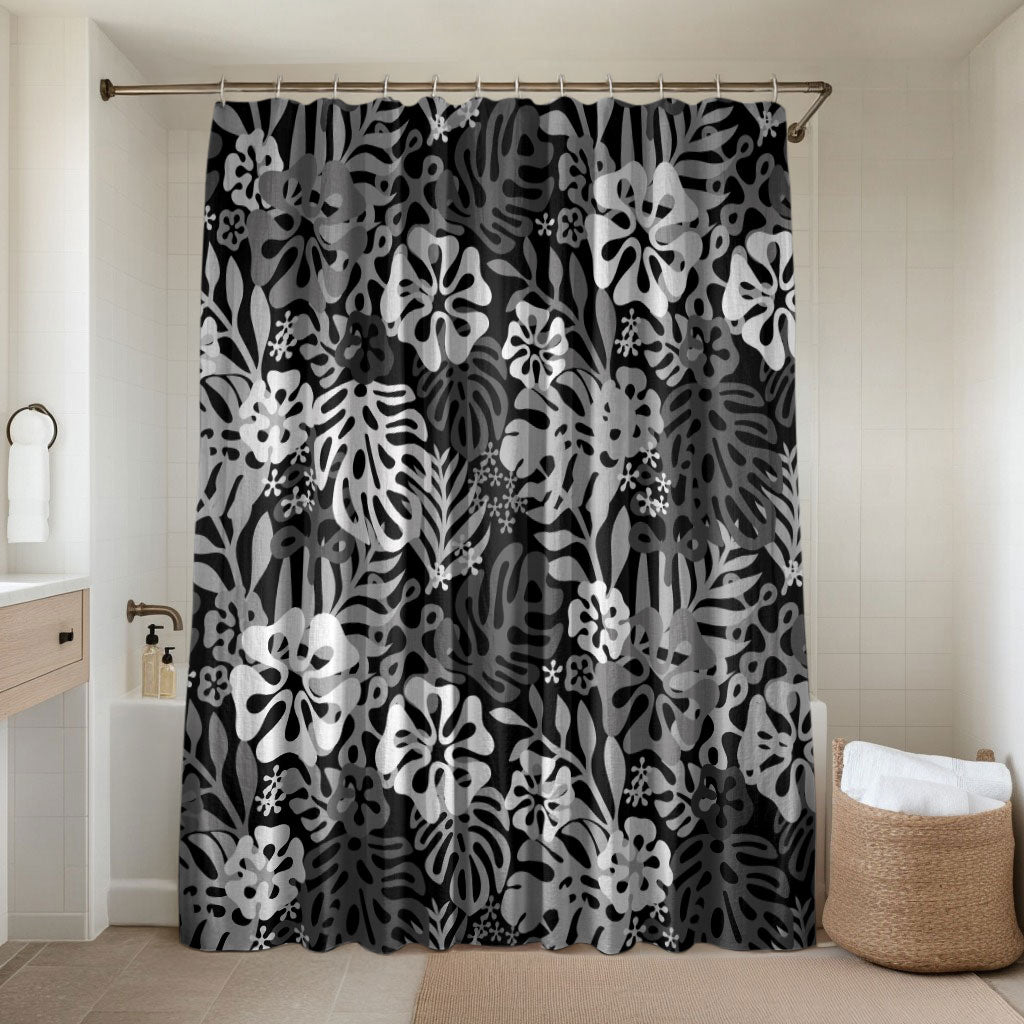 Black Aloha Hawaiian Bathroom Set Monstera Hibiscus Tropical Pattern LT19 Shower Curtain Only Black - Polynesian Pride