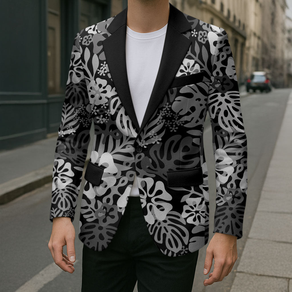 Black Aloha Hawaiian Blazer Monstera Hibiscus Tropical Pattern LT19 - Polynesian Pride