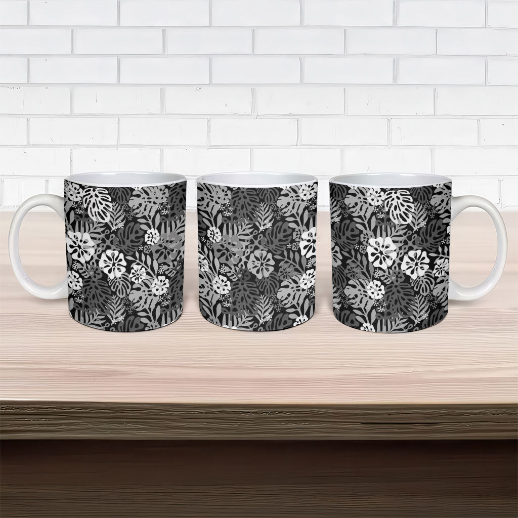 Black Aloha Hawaiian Ceramic Mug Monstera Hibiscus Tropical Pattern LT19 - Polynesian Pride