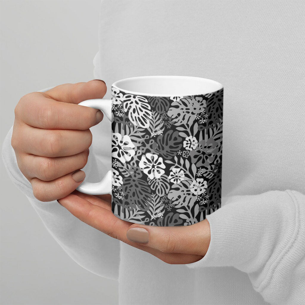 Black Aloha Hawaiian Ceramic Mug Monstera Hibiscus Tropical Pattern LT19 - Polynesian Pride