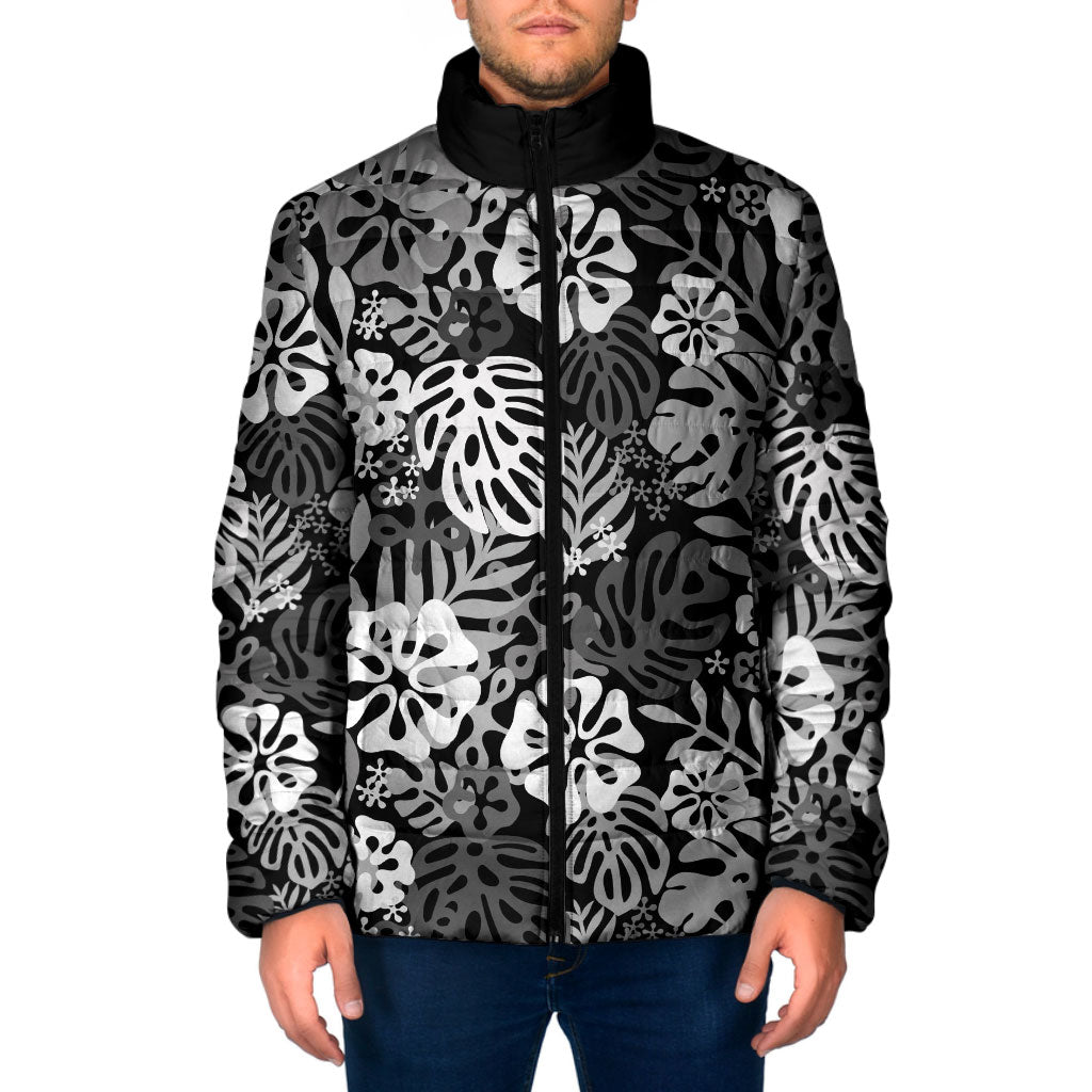 Black Aloha Hawaiian Padded Jacket Monstera Hibiscus Tropical Pattern LT19 Men Black - Polynesian Pride