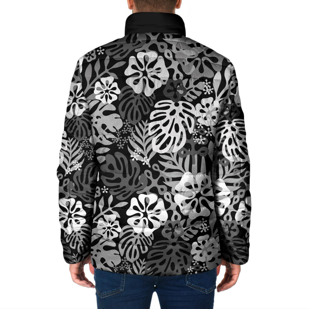 Black Aloha Hawaiian Padded Jacket Monstera Hibiscus Tropical Pattern LT19 - Polynesian Pride
