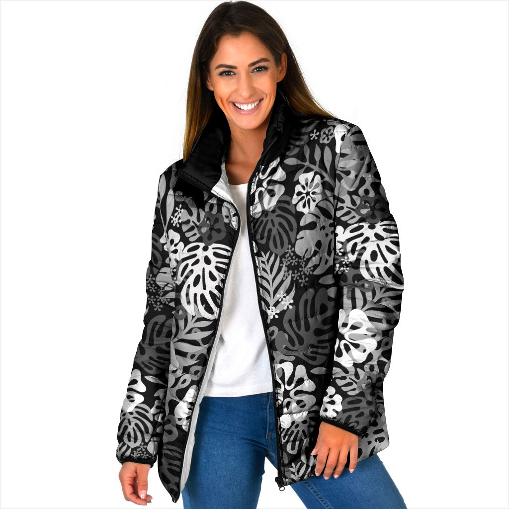 Black Aloha Hawaiian Padded Jacket Monstera Hibiscus Tropical Pattern LT19 Women Black - Polynesian Pride