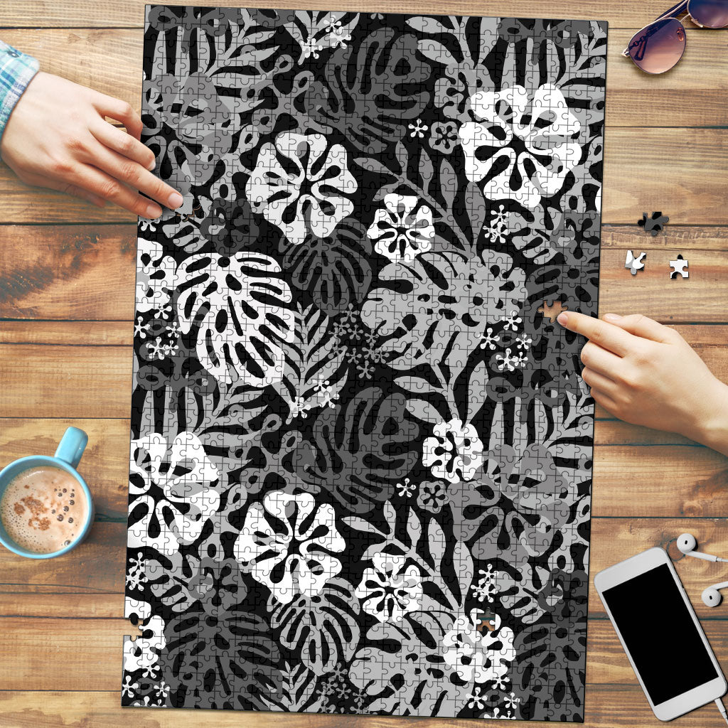Black Aloha Hawaiian Puzzle Monstera Hibiscus Tropical Pattern LT19 Black - Polynesian Pride