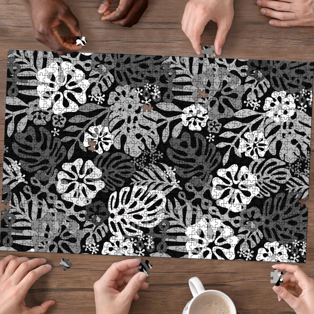 Black Aloha Hawaiian Puzzle Monstera Hibiscus Tropical Pattern LT19 - Polynesian Pride