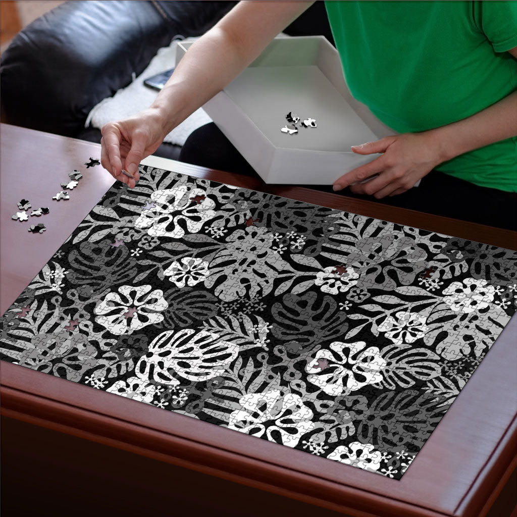 Black Aloha Hawaiian Puzzle Monstera Hibiscus Tropical Pattern LT19 - Polynesian Pride