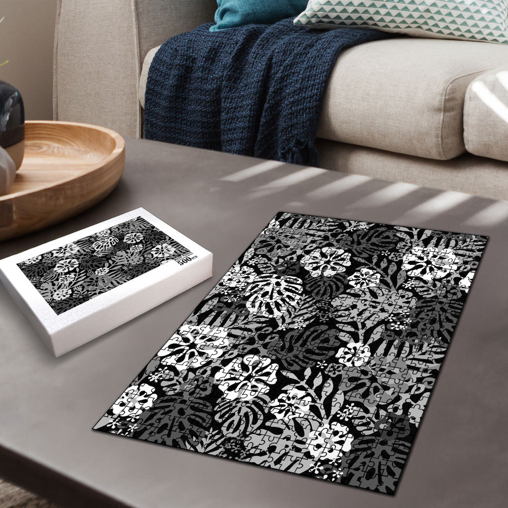 Black Aloha Hawaiian Puzzle Monstera Hibiscus Tropical Pattern LT19 - Polynesian Pride