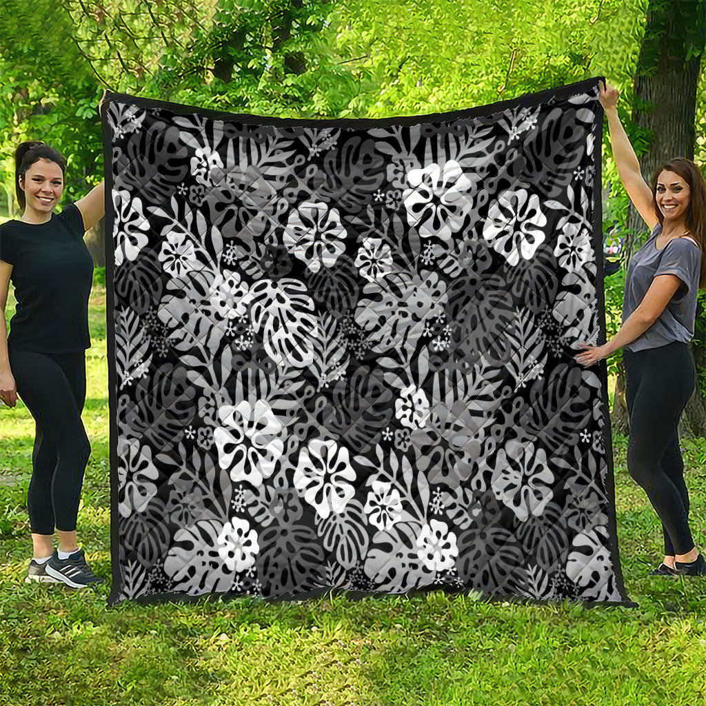 Black Aloha Hawaiian Quilt Monstera Hibiscus Tropical Pattern LT19 - Polynesian Pride