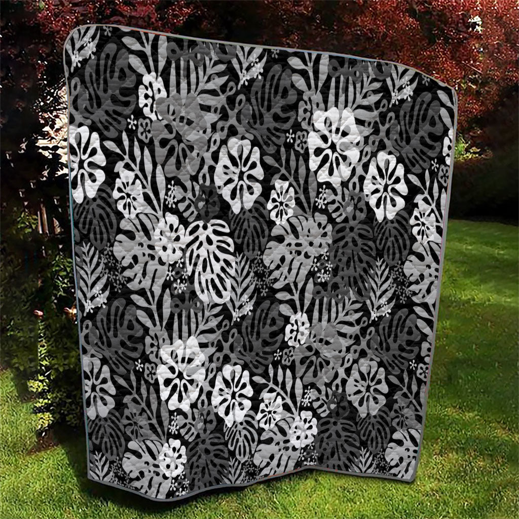 Black Aloha Hawaiian Quilt Monstera Hibiscus Tropical Pattern LT19 - Polynesian Pride
