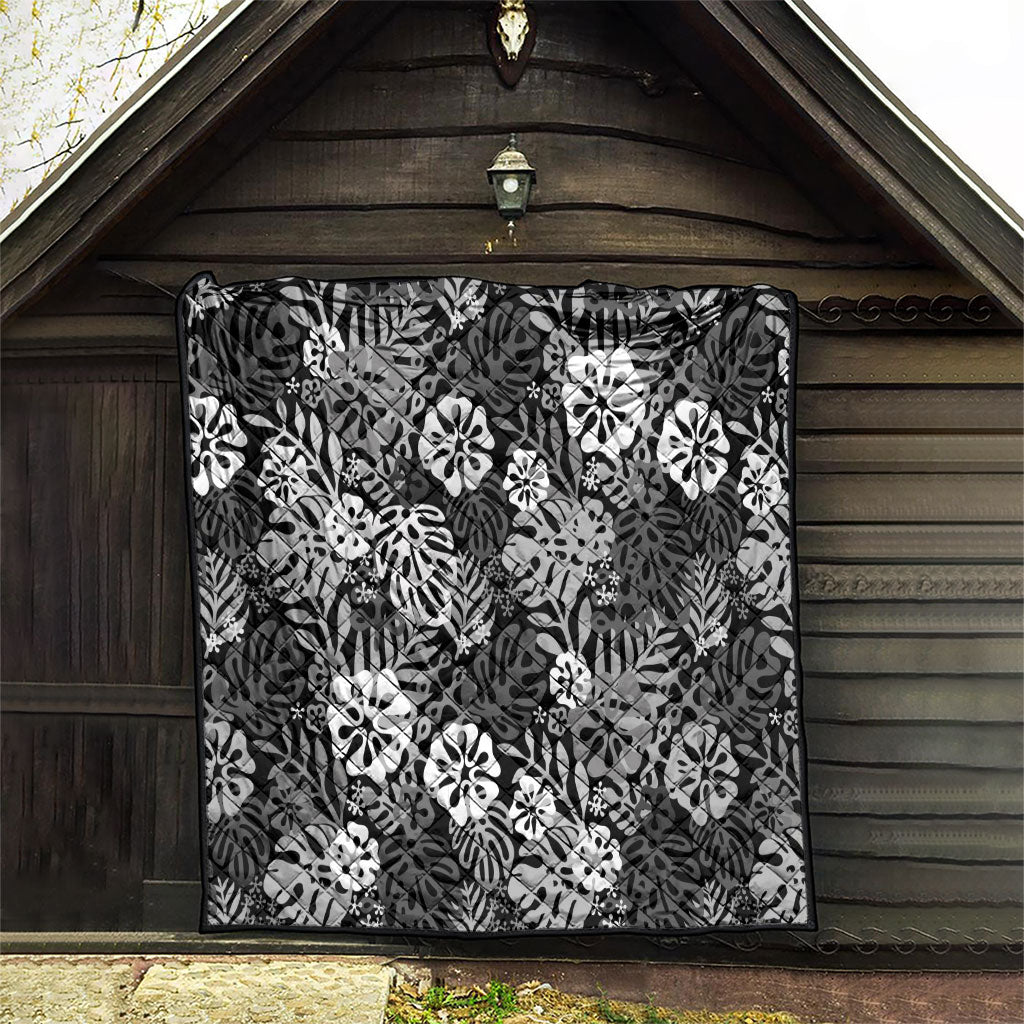 Black Aloha Hawaiian Quilt Monstera Hibiscus Tropical Pattern LT19 - Polynesian Pride