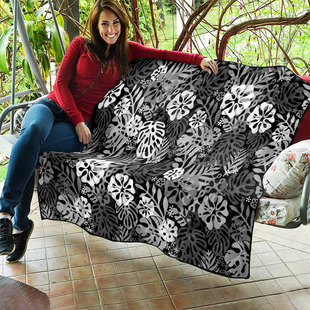 Black Aloha Hawaiian Quilt Monstera Hibiscus Tropical Pattern LT19 - Polynesian Pride
