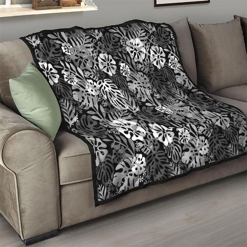 Black Aloha Hawaiian Quilt Monstera Hibiscus Tropical Pattern LT19 - Polynesian Pride