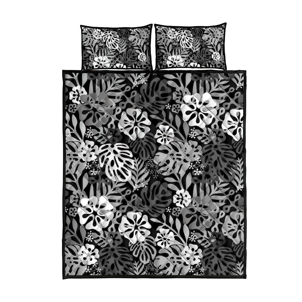 Black Aloha Hawaiian Quilt Bed Set Monstera Hibiscus Tropical Pattern LT19 - Polynesian Pride