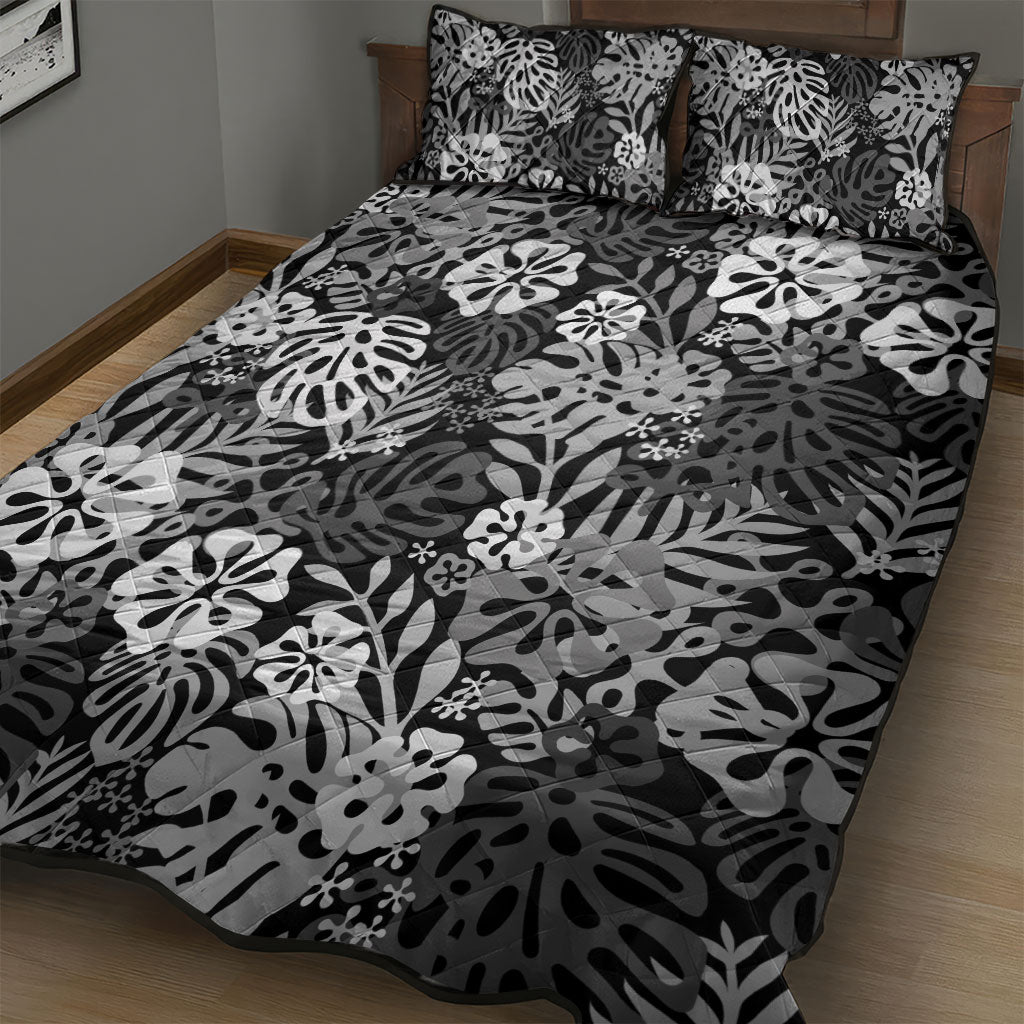 Black Aloha Hawaiian Quilt Bed Set Monstera Hibiscus Tropical Pattern LT19 - Polynesian Pride