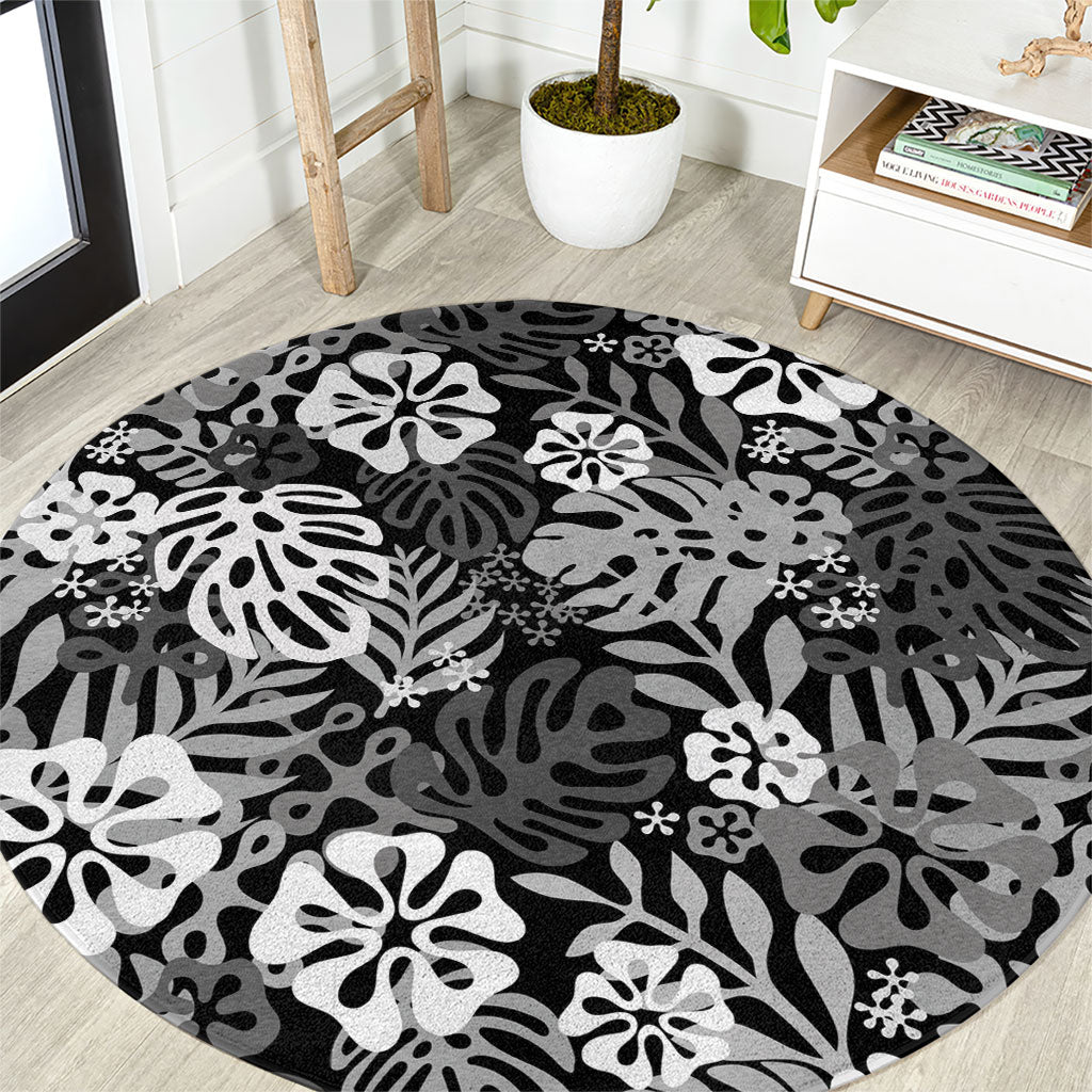 Black Aloha Hawaiian Round Carpet Monstera Hibiscus Tropical Pattern LT19 Black - Polynesian Pride