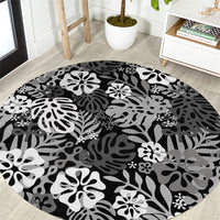 Black Aloha Hawaiian Round Carpet Monstera Hibiscus Tropical Pattern LT19 Black - Polynesian Pride
