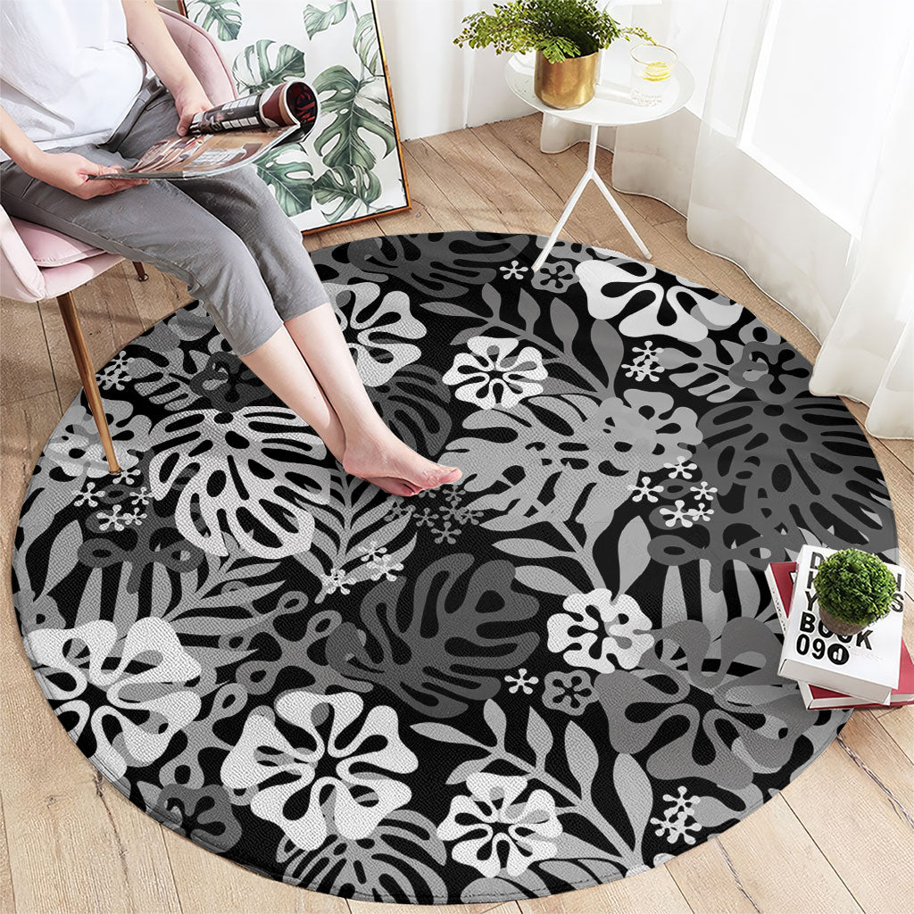 Black Aloha Hawaiian Round Carpet Monstera Hibiscus Tropical Pattern LT19 - Polynesian Pride