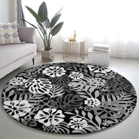 Black Aloha Hawaiian Round Carpet Monstera Hibiscus Tropical Pattern LT19 - Polynesian Pride