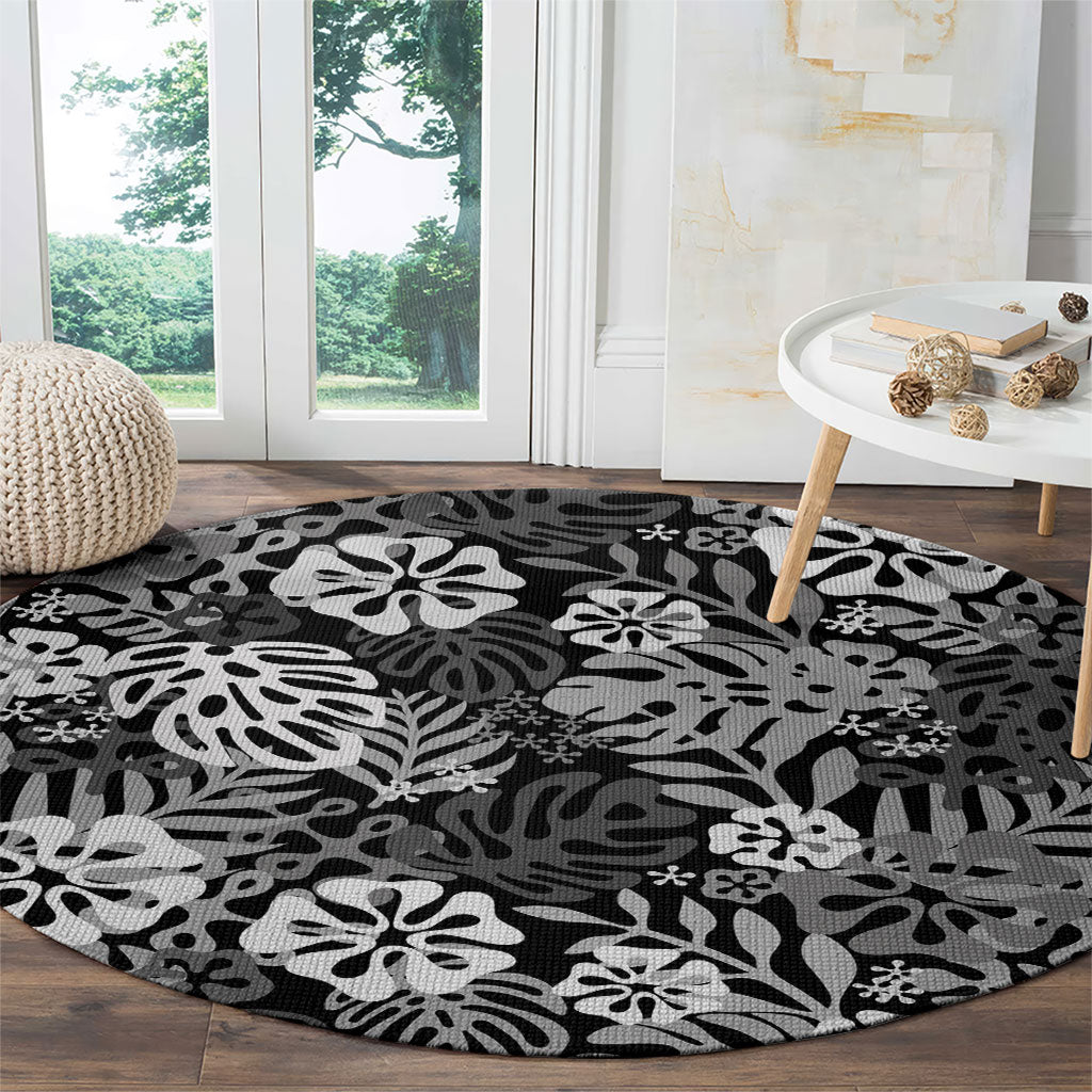 Black Aloha Hawaiian Round Carpet Monstera Hibiscus Tropical Pattern LT19 - Polynesian Pride