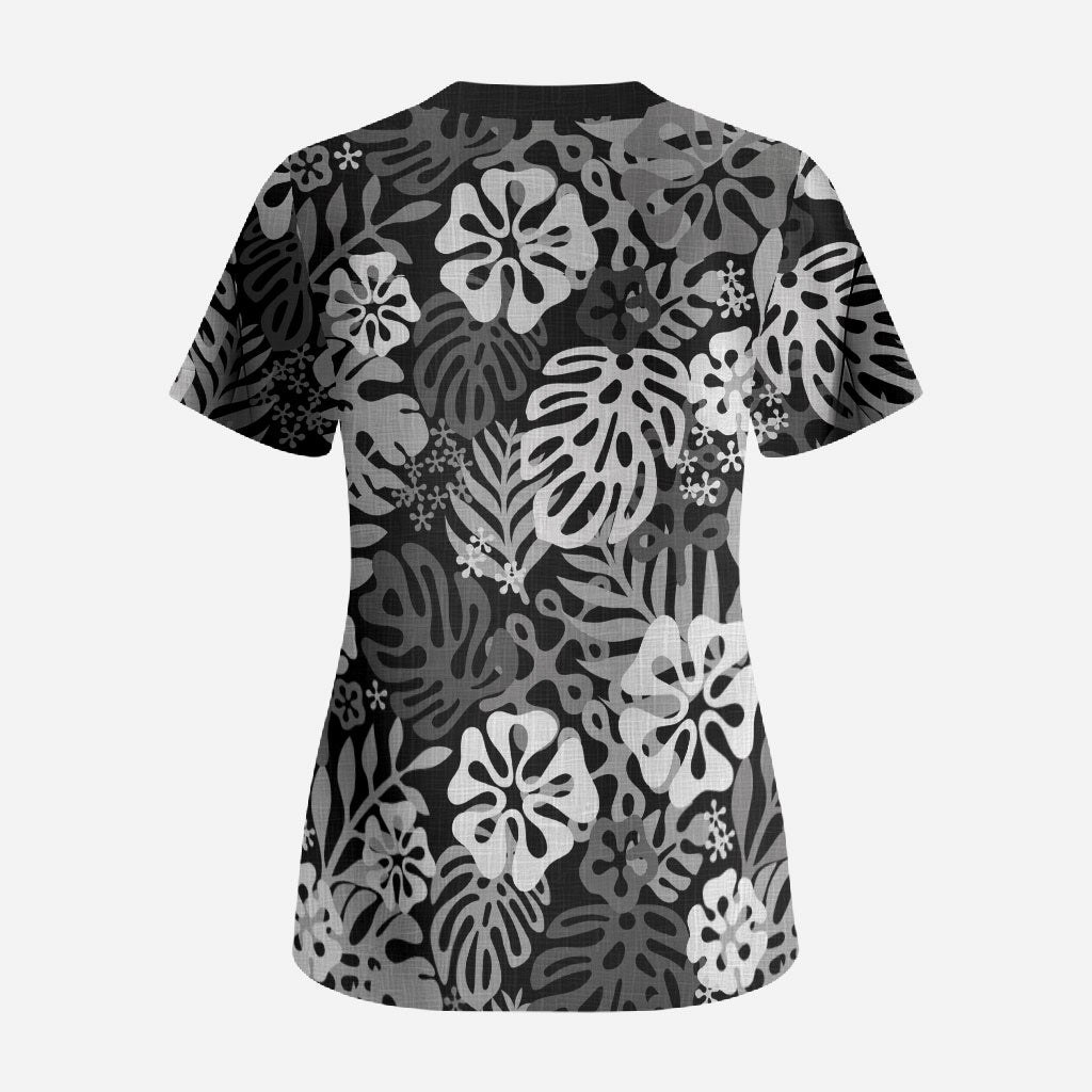 Black Aloha Hawaiian Scrub Top Monstera Hibiscus Tropical Pattern LT19 - Polynesian Pride