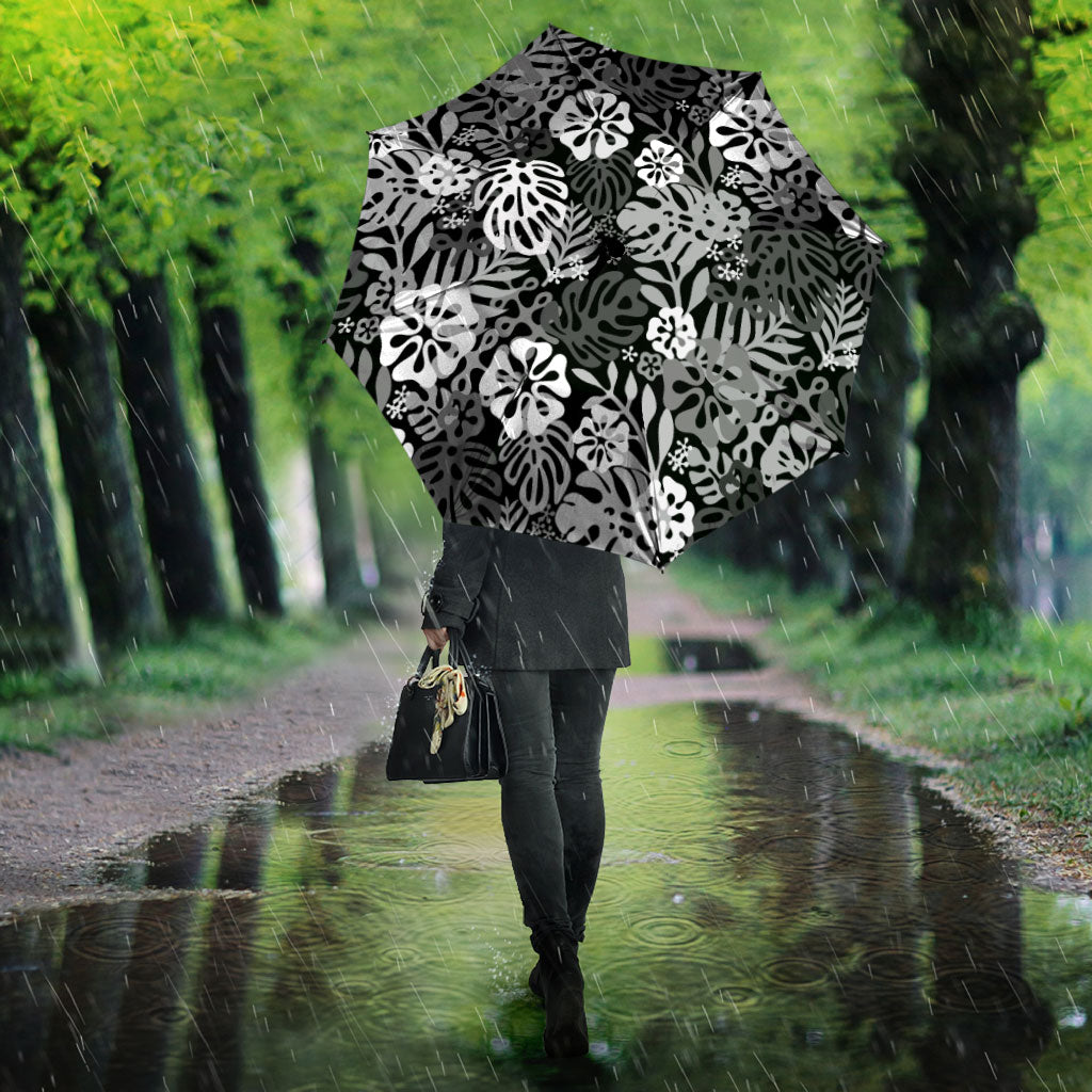 Black Aloha Hawaiian Umbrella Monstera Hibiscus Tropical Pattern LT19 - Polynesian Pride