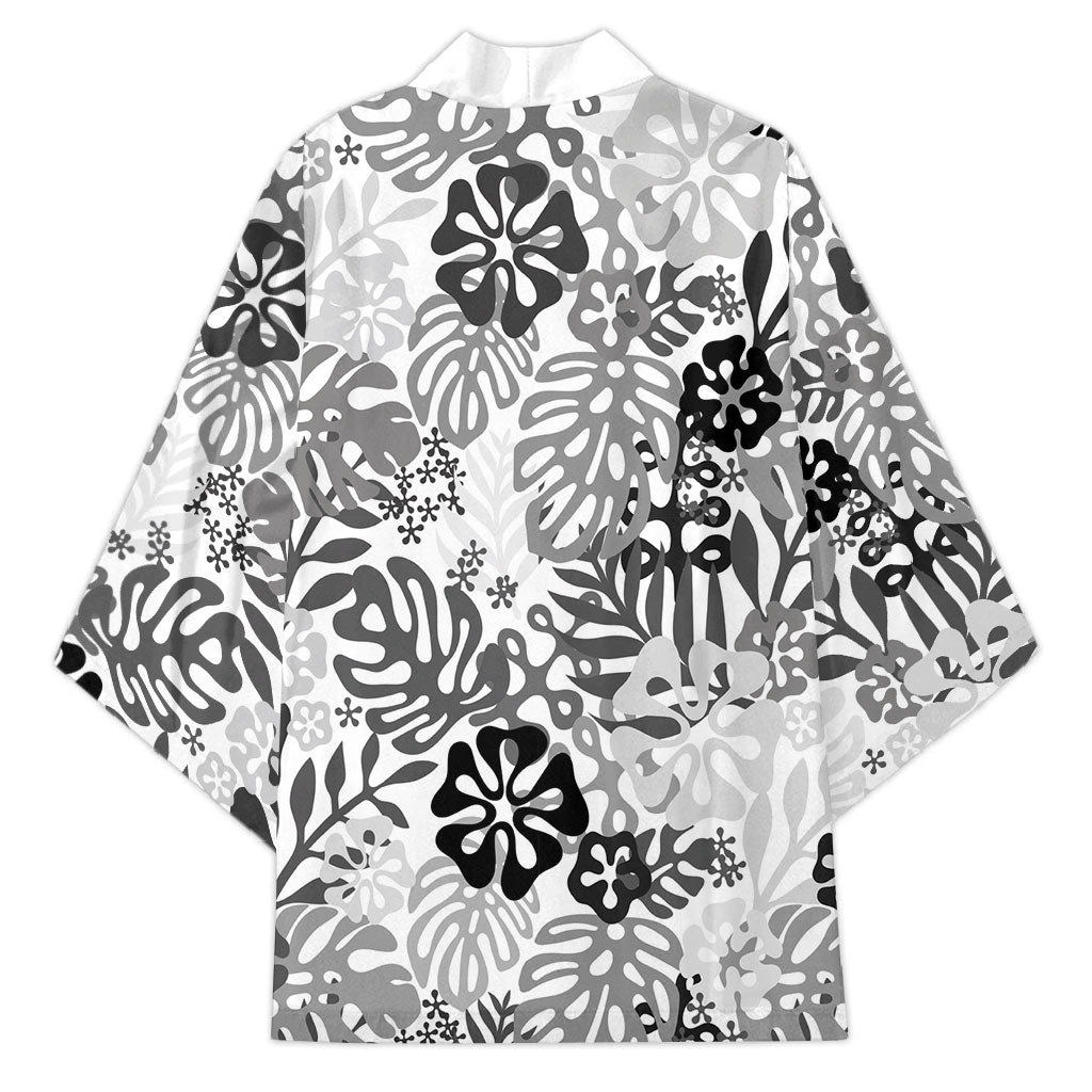 White Aloha Hawaiian Kimono Monstera Hibiscus Tropical Pattern LT19 - Polynesian Pride