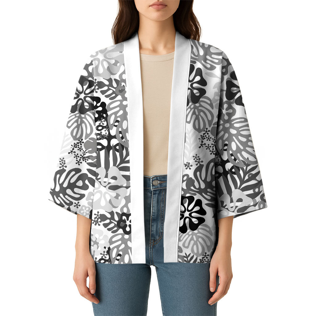 White Aloha Hawaiian Kimono Monstera Hibiscus Tropical Pattern LT19 - Polynesian Pride