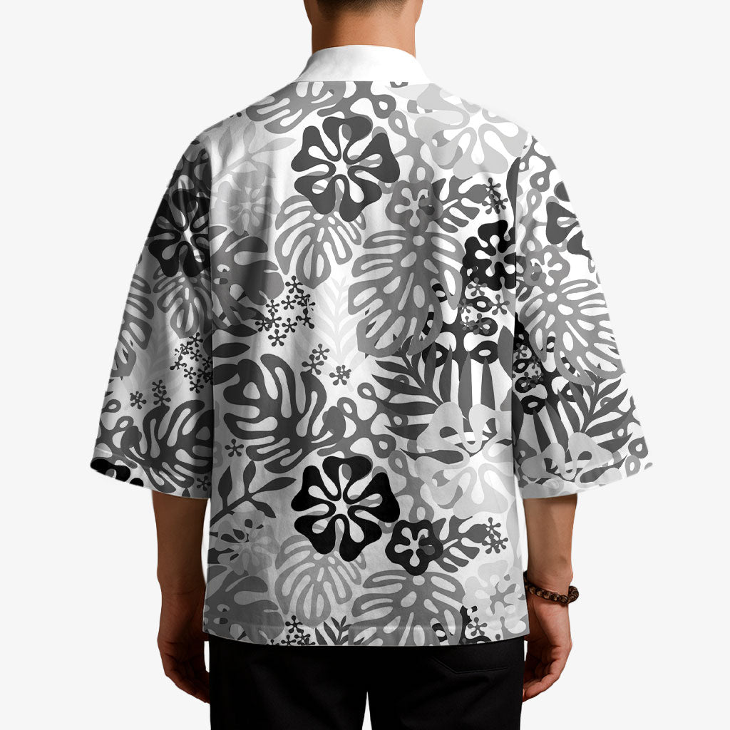 White Aloha Hawaiian Kimono Monstera Hibiscus Tropical Pattern LT19 - Polynesian Pride