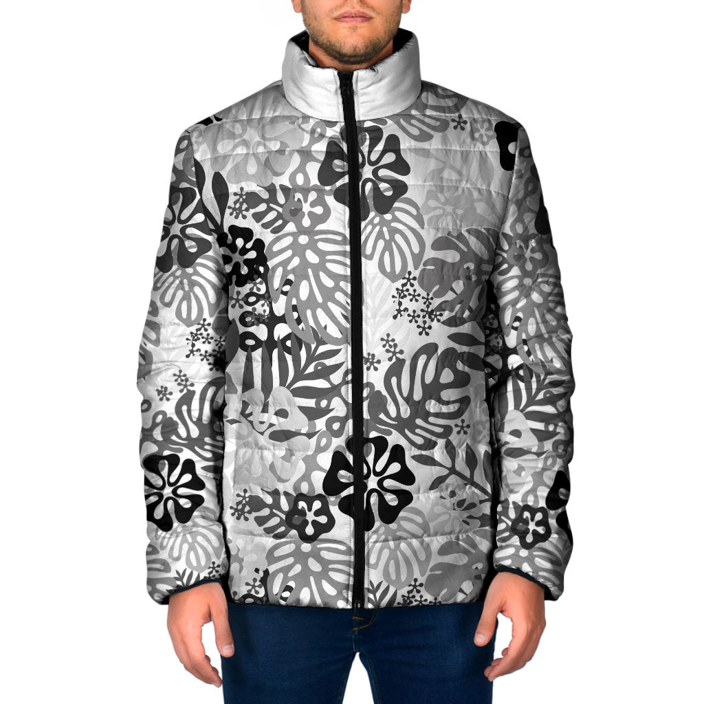 White Aloha Hawaiian Padded Jacket Monstera Hibiscus Tropical Pattern LT19 Men White - Polynesian Pride