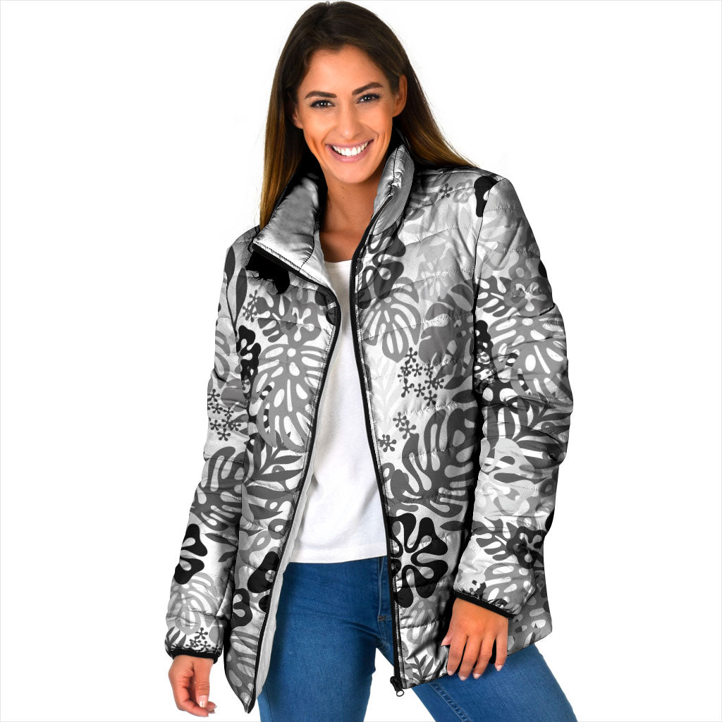 White Aloha Hawaiian Padded Jacket Monstera Hibiscus Tropical Pattern LT19 Women White - Polynesian Pride