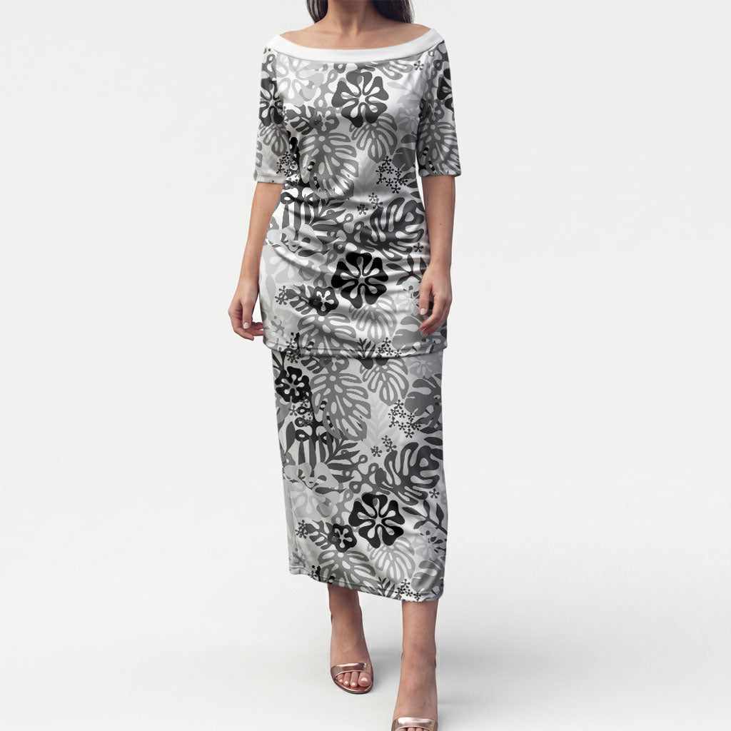 White Aloha Hawaiian Puletasi Monstera Hibiscus Tropical Pattern LT19 Long Dress White - Polynesian Pride