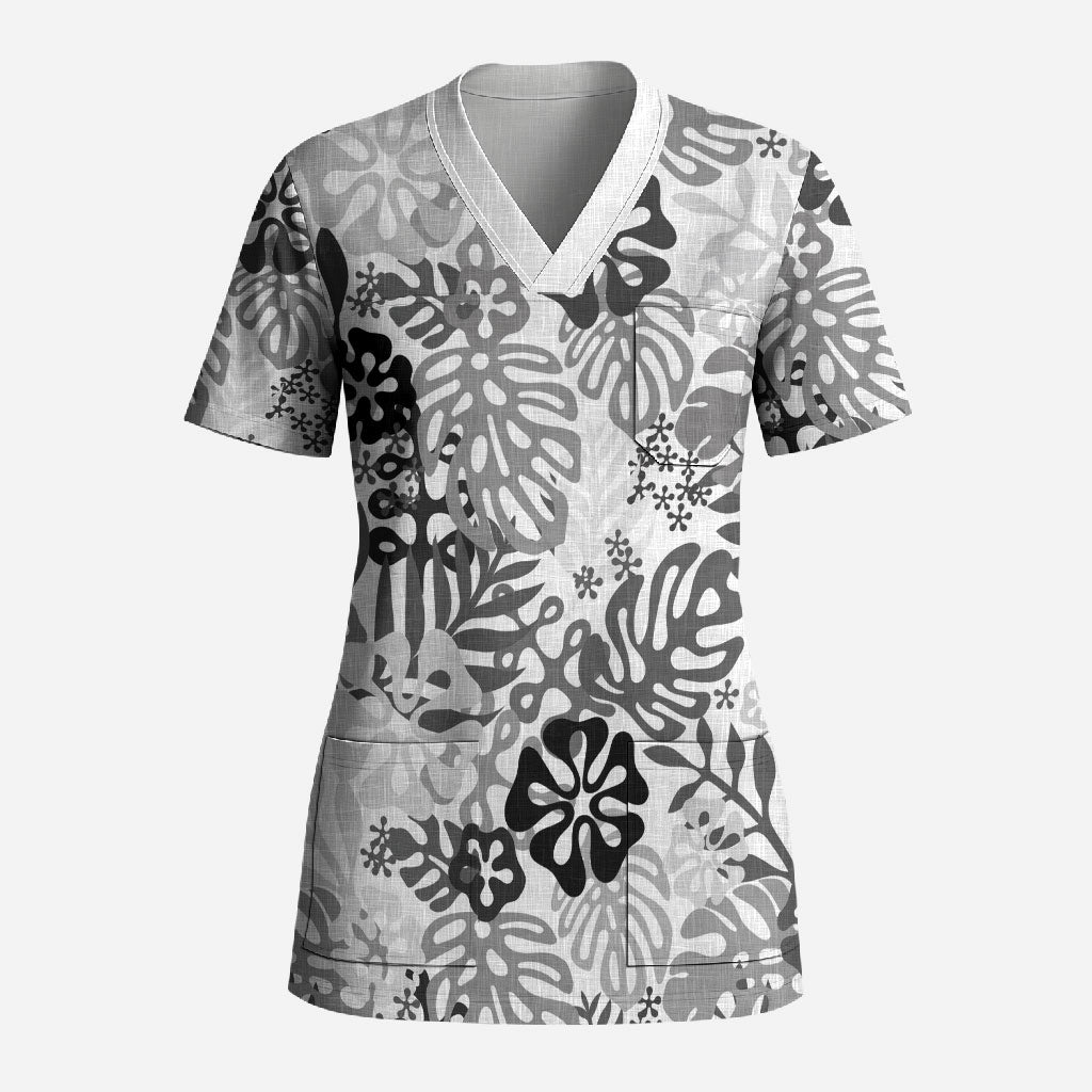 White Aloha Hawaiian Scrub Top Monstera Hibiscus Tropical Pattern LT19 Adult White - Polynesian Pride