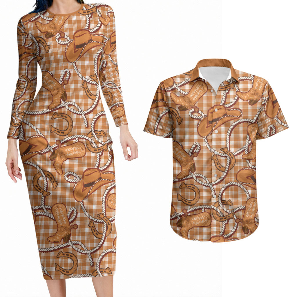 Brown Hawaii Palaka Cowboy Couples Matching Long Sleeve Bodycon Dress and Hawaiian Shirt Hawaiian Paniolo Festival Spirit LT19 Brown - Polynesian Pride