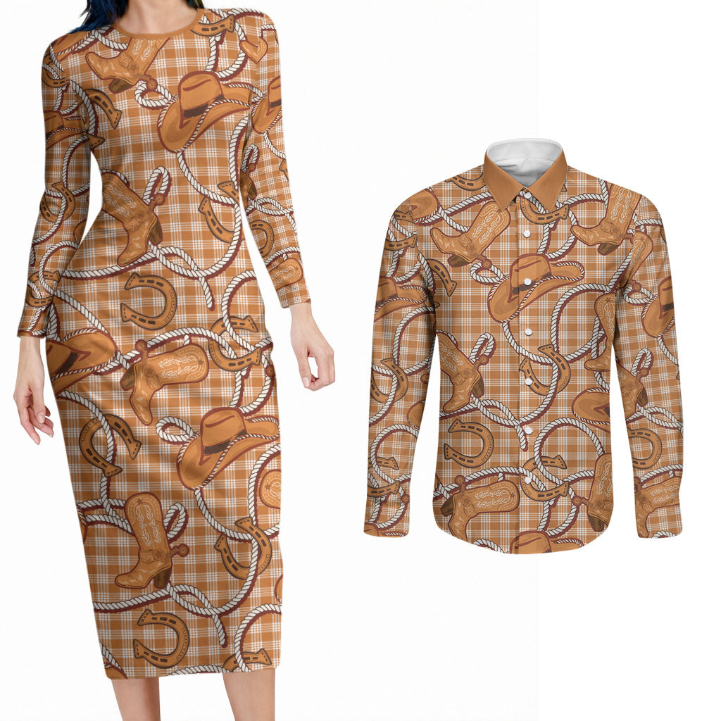 Brown Hawaii Palaka Cowboy Couples Matching Long Sleeve Bodycon Dress and Long Sleeve Button Shirt Hawaiian Paniolo Festival Spirit LT19 Brown - Polynesian Pride