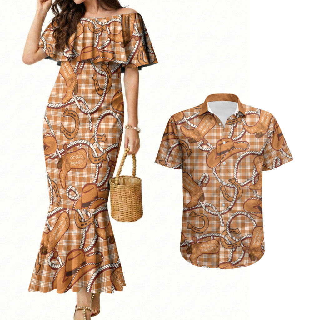 Brown Hawaii Palaka Cowboy Couples Matching Mermaid Dress and Hawaiian Shirt Hawaiian Paniolo Festival Spirit LT19 Brown - Polynesian Pride