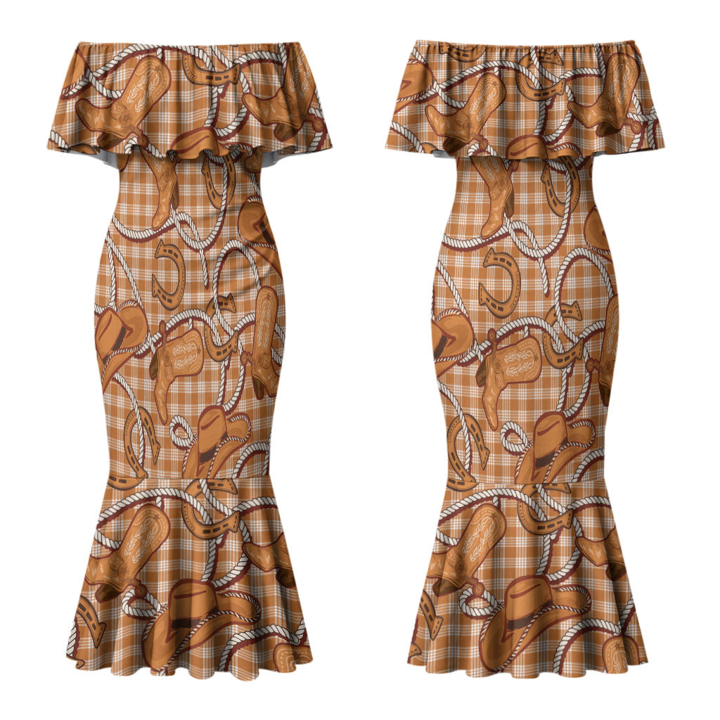 Brown Hawaii Palaka Cowboy Couples Matching Mermaid Dress and Hawaiian Shirt Hawaiian Paniolo Festival Spirit LT19 - Polynesian Pride