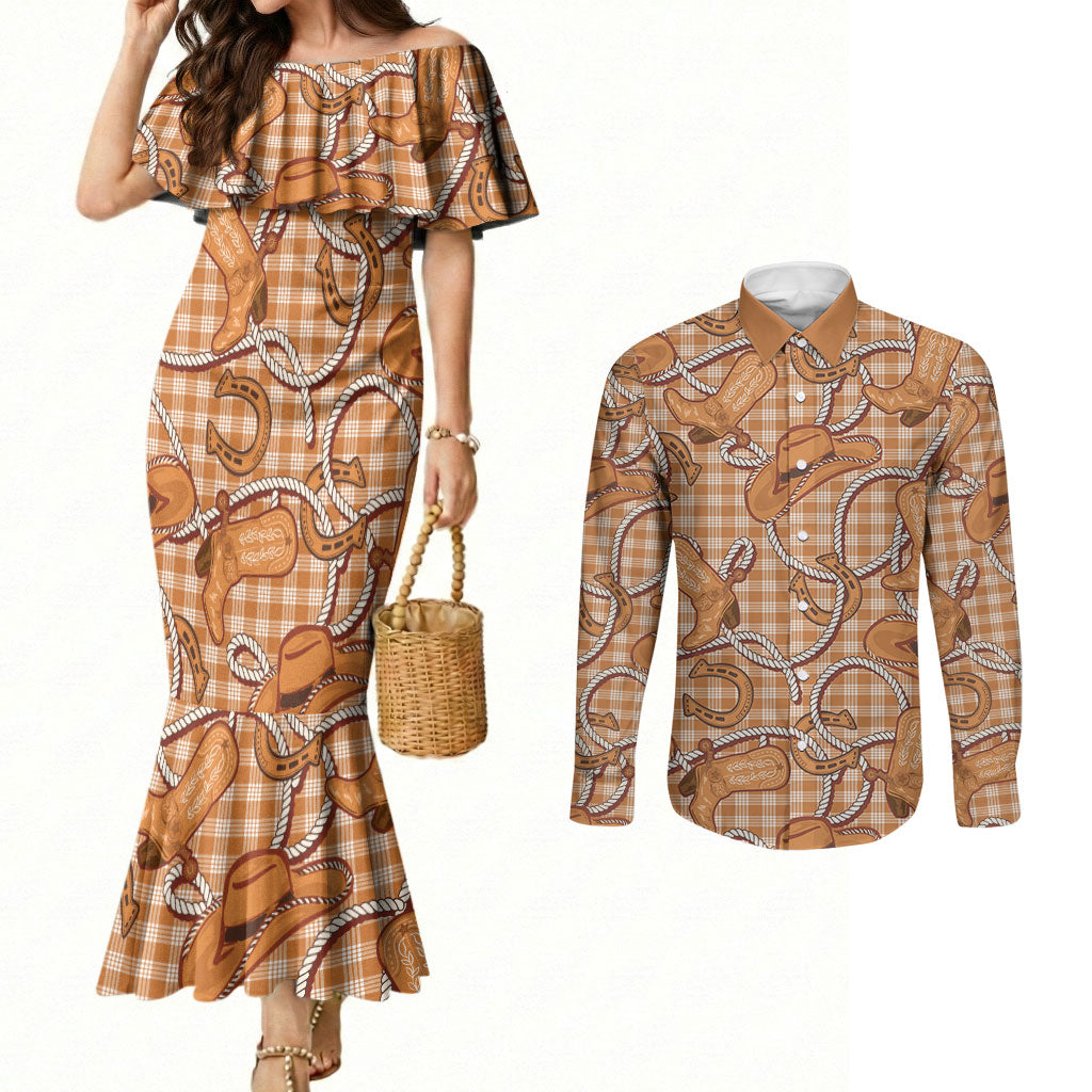 Brown Hawaii Palaka Cowboy Couples Matching Mermaid Dress and Long Sleeve Button Shirt Hawaiian Paniolo Festival Spirit LT19 Brown - Polynesian Pride