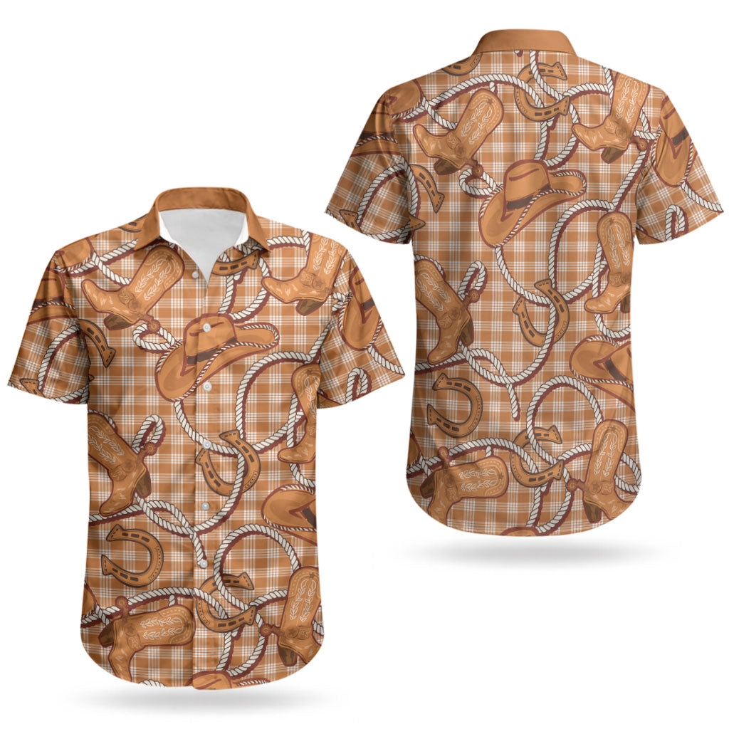 Brown Hawaii Palaka Cowboy Couples Matching Off Shoulder Maxi Dress and Hawaiian Shirt Hawaiian Paniolo Festival Spirit LT19 - Polynesian Pride