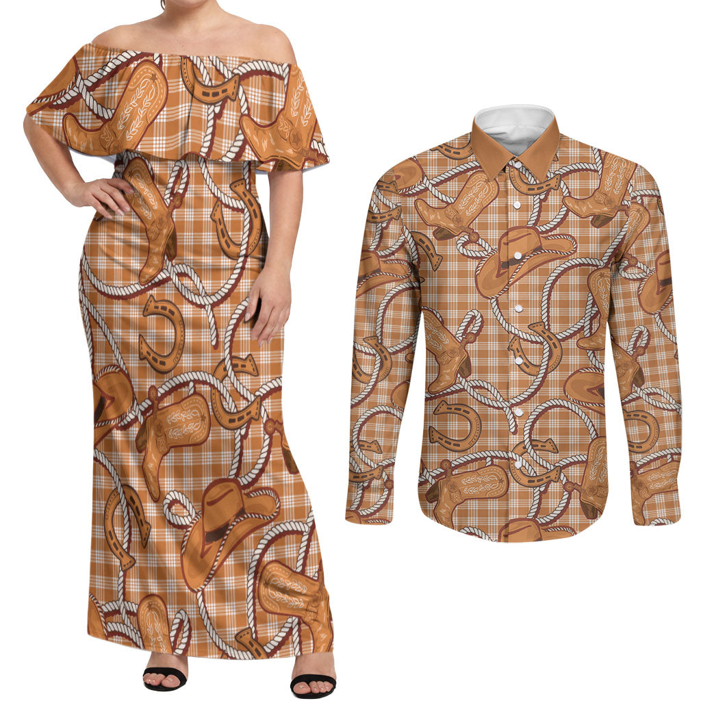 Brown Hawaii Palaka Cowboy Couples Matching Off Shoulder Maxi Dress and Long Sleeve Button Shirt Hawaiian Paniolo Festival Spirit LT19 Brown - Polynesian Pride