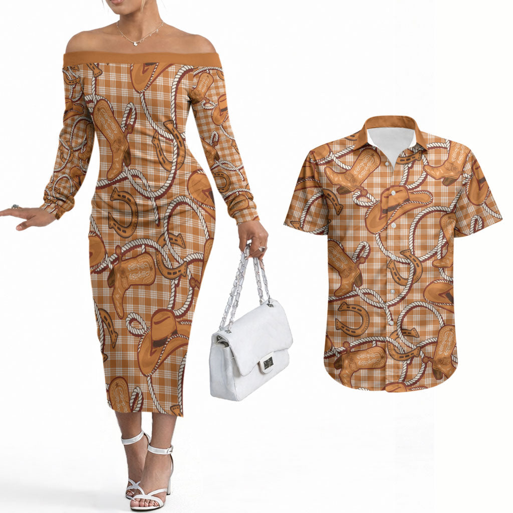 Brown Hawaii Palaka Cowboy Couples Matching Off The Shoulder Long Sleeve Dress and Hawaiian Shirt Hawaiian Paniolo Festival Spirit LT19 Brown - Polynesian Pride