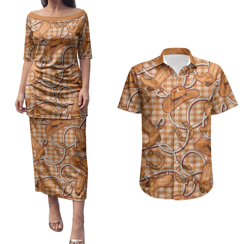 Brown Hawaii Palaka Cowboy Couples Matching Puletasi and Hawaiian Shirt Hawaiian Paniolo Festival Spirit LT19 Brown - Polynesian Pride