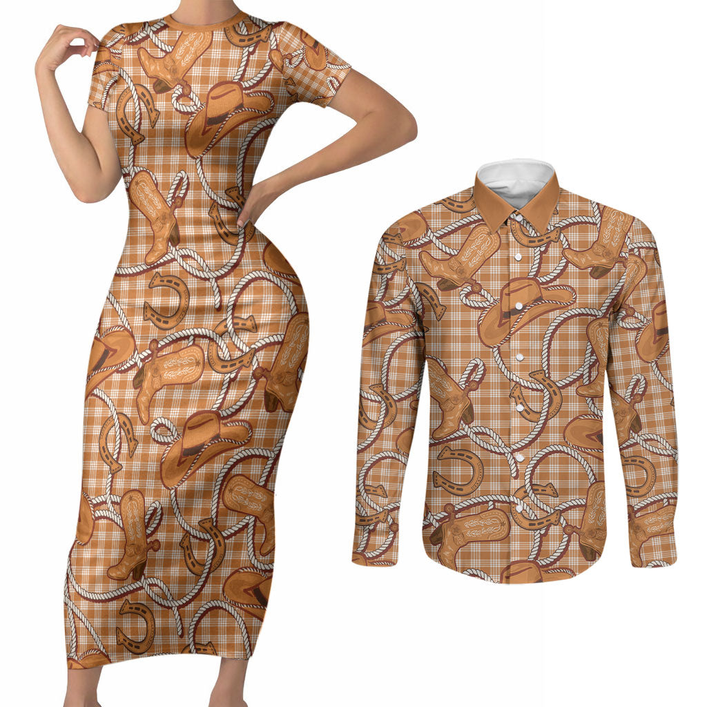 Brown Hawaii Palaka Cowboy Couples Matching Short Sleeve Bodycon Dress and Long Sleeve Button Shirt Hawaiian Paniolo Festival Spirit LT19 Brown - Polynesian Pride