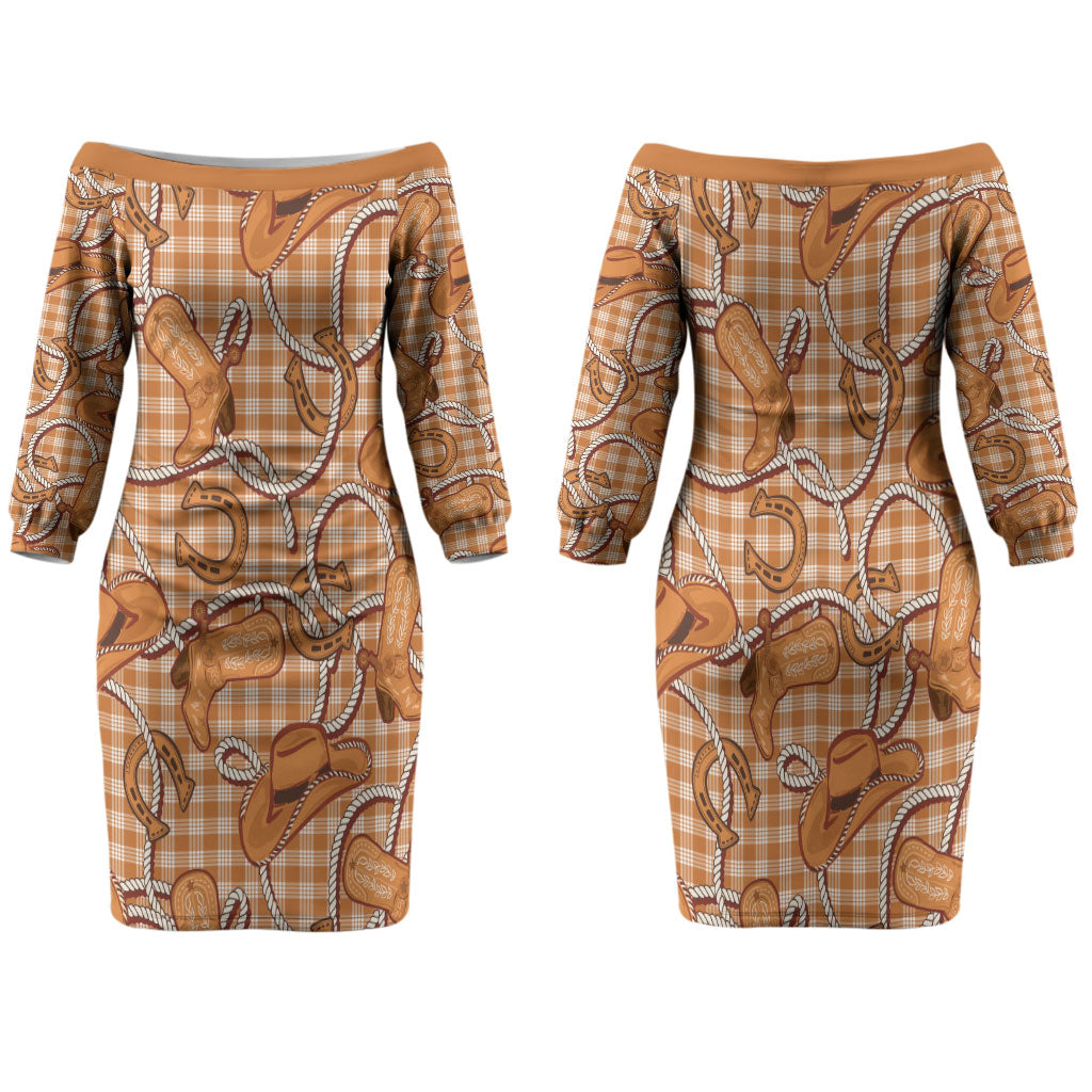 Brown Hawaii Palaka Cowboy Family Matching Off The Shoulder Long Sleeve Dress and Hawaiian Shirt Hawaiian Paniolo Festival Spirit LT19 Mom's Dress Brown - Polynesian Pride