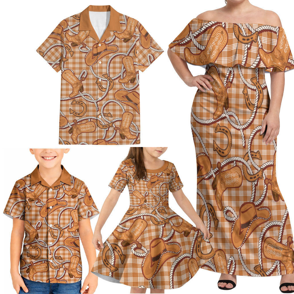Brown Hawaii Palaka Cowboy Family Matching Off Shoulder Maxi Dress and Hawaiian Shirt Hawaiian Paniolo Festival Spirit LT19 - Polynesian Pride