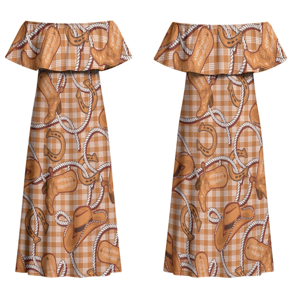 Brown Hawaii Palaka Cowboy Family Matching Off Shoulder Maxi Dress and Hawaiian Shirt Hawaiian Paniolo Festival Spirit LT19 Mom's Dress Brown - Polynesian Pride