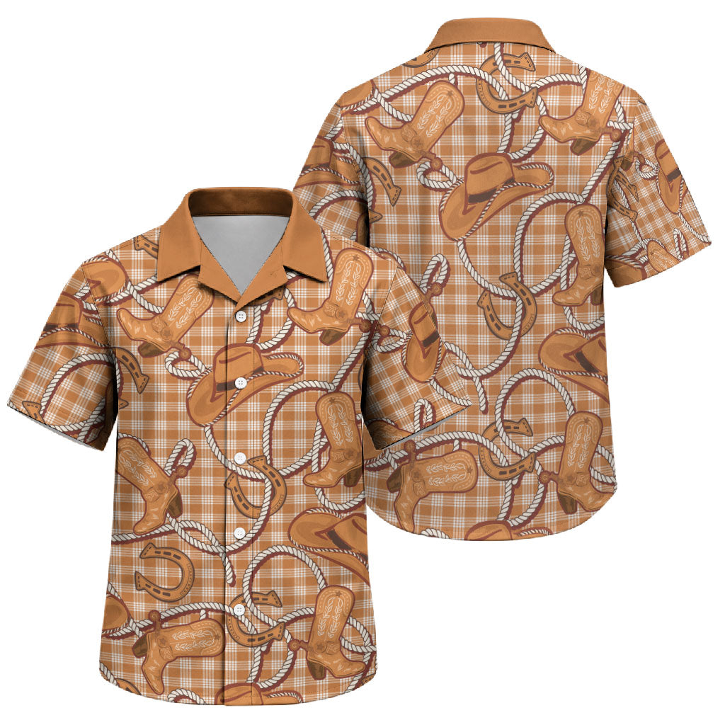 Brown Hawaii Palaka Cowboy Family Matching Off Shoulder Short Dress and Hawaiian Shirt Hawaiian Paniolo Festival Spirit LT19 Son's Shirt Brown - Polynesian Pride